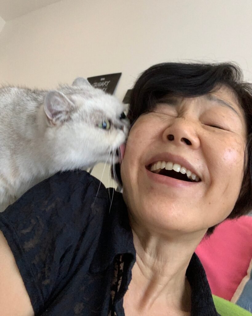 Cat licking the face of the cat sitter in Singapore